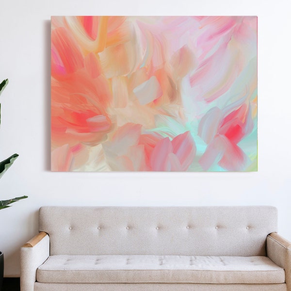 Coral Lotus Flower Abstract Art Print, Bright Pink Aesthetic Decor, Interior Design, Orange Floral Wall Art, UK Artist