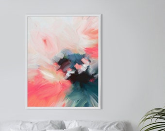 White Hydrangea Abstract Fine Art Print, Contemporary Blush Interior Design, Coral Red Pink Wall Decor, UK
