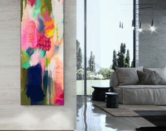 Scottish Roses Fine Art Abstract Print, Long Narrow Canvas, Interior Design, Bright Red Textured Print, Wall Art, UK