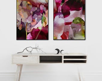 Plum Blossoms Abstract Art Print Set: Gold Leaf, Purple Floral Wall Decor