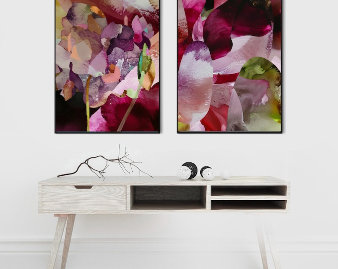 Plum Blossoms Abstract Art Print Set: Gold Leaf, Purple Floral Wall Decor