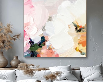 Pastel Orange Floral Abstract Print: Coral Rose, Gold Leaf, Textured Canvas