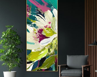 SALE Olive Peony Floral Fine Art Abstract Print, 24x50" Rolled Canvas, Long Narrow Art, Teal Blue, Lime Green Wall Art, UK artist