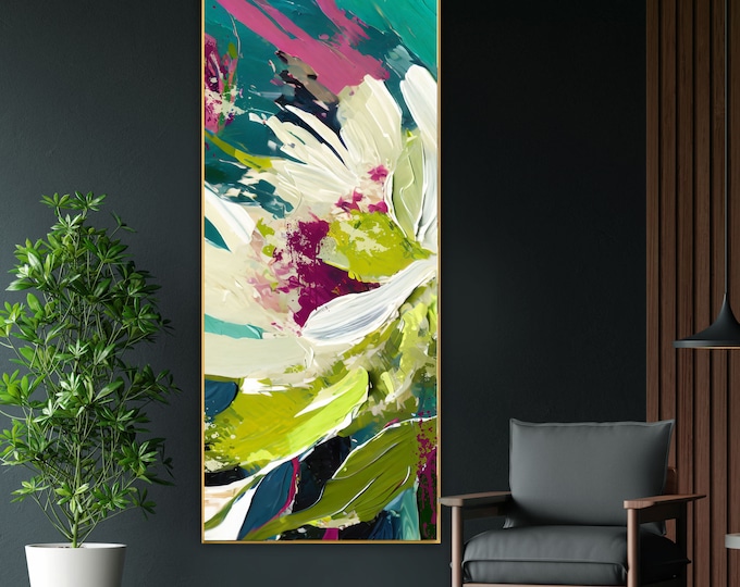 Olive Peony Abstract Floral Art Print: Long Narrow Canvas