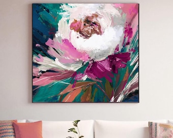 White Peony Rose Abstract Print, Magenta Floral Wall Art, Teal Green Accents, Soft Pastel Flowers, UK Artist