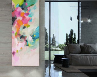 Pink Hollyhock Abstract Print, Tall Flower Canvas, Bright Green Home Decor, Long Narrow Print, Wall Art UK