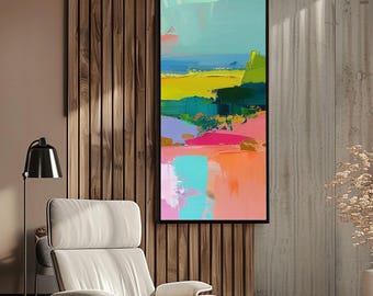 Seafoam Mint Abstract Print:  Narrow Coral Orange Wall Art, Long Canvas, UK artist