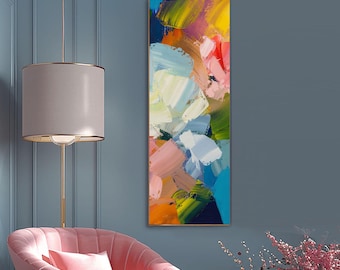 Miami Flora Fine Art Abstract Print with Gold leaf, Tall Yellow Blue Canvas, Interior Design, Long Narrow Print, Wall Art, UK