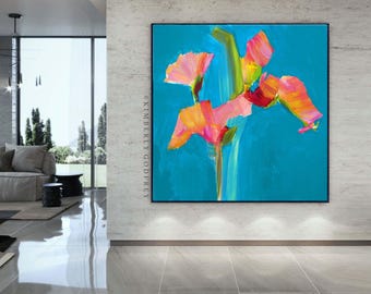 Coral Wildflowers Abstract Floral Print, Large Pink Wall Art, Teal Blue Living room Print, Interior Design, UK artist
