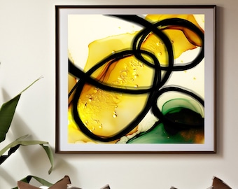 Rare Yellow Fine Art Print, Eclectic Abstract Wall Art, Dark Green Accents, Bright Gold Canvas, UK artist