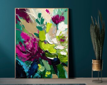 Lime Green Magenta Roses, Floral Abstract Fine Art Print, Teal Blue Contemporary Decor, Pink Wall Art, UK Artist