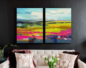 Lime Beach Abstract Print Set, Bright Teal Blue Home Decor, Green Landscape Wall Art, UK Artist