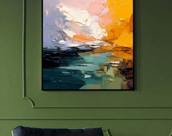 Lavender Sky Abstract Fine Art Print, Large Plum Wall Art, Dark Indigo, Mustard Yellow Decor, Teal Green Accents, UK artist