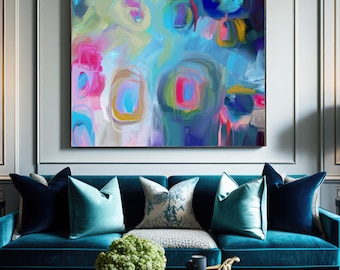 Blue Tempest Abstract Fine Art Print, Eclectic Decor, Bright Pink Accents, Teal Green Canvas Wall Art, UK artist