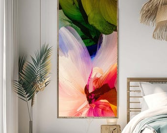 Olive Floral Abstract Print: Sheer Red Petals Vertical Wall Art
