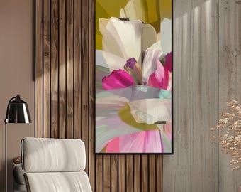 Olive Green Flowers Abstract Print: Pastel Pink Long Vertical Wall Art,