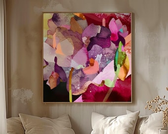 Floral Abstract Art Print: Burgundy Wine Blossoms Wall Decor, Gold Leaf