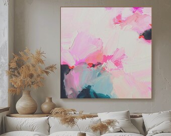 White Abstract Fine Art Print, Pink Coral, Soft Blue Decor, Textured Art, Indigo Accents, Living room Wall Art, UK Artist