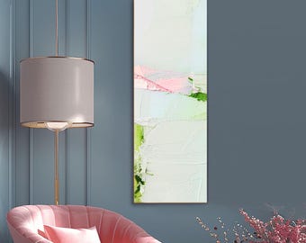 White Textured Abstract Art Print:  Long Vertical Light Pink Canvas, UK artist