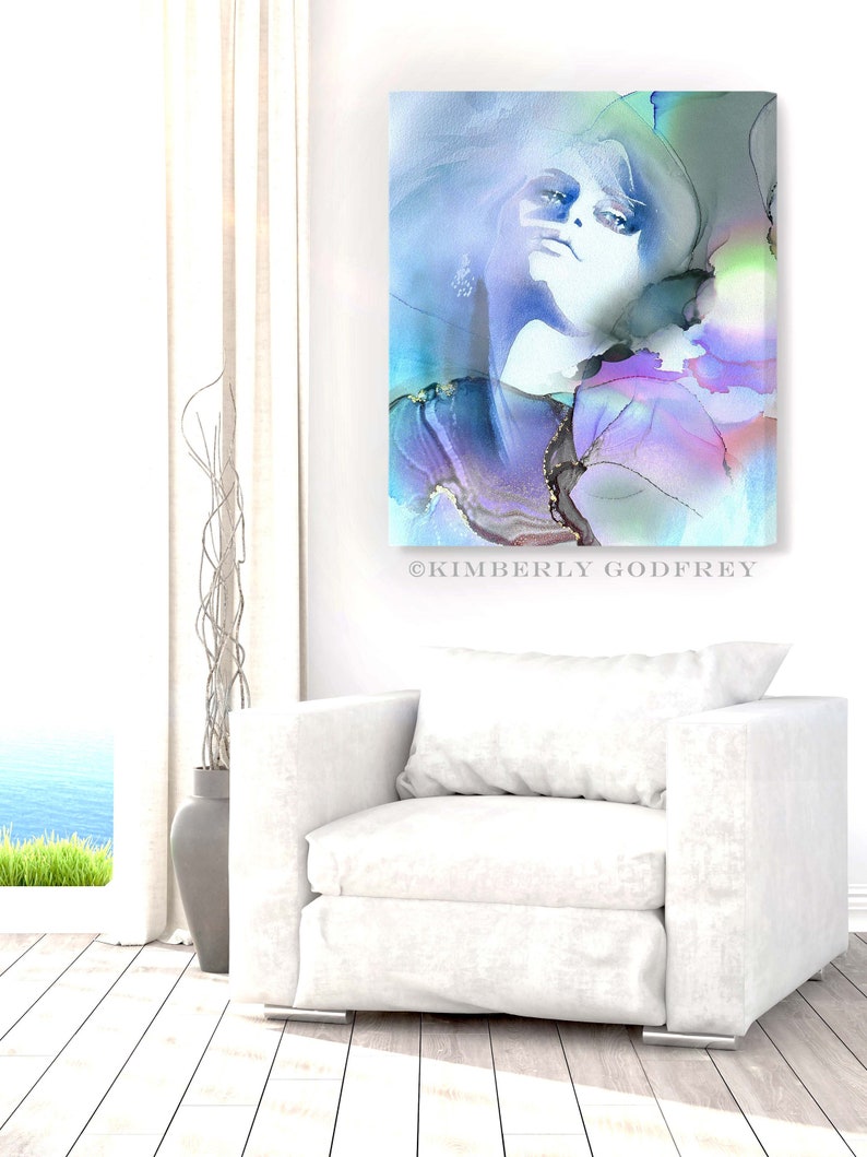Watercolor Beauty Salon Decor Large Canvas Art Blue Dream Fashion Illustration Soft Grey Aesthetic