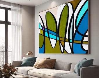 Mid Century Cyan Abstract Fine Art Print, Olive green Aesthetic Interior Design, Retro Wall Art, UK Artist