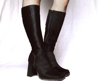 Vintage 90s black cowhide fur chunky boots block heels UK 5 EU 38 US 7.5