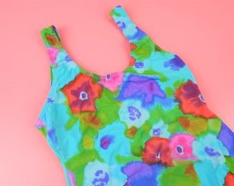 Vintage 90s blue abstract floral watercolour flower print swimsuit, XS S Small, bathing suit swimming costume