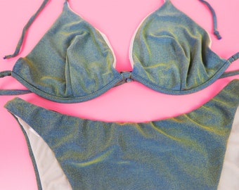 Vintage designer GUESS Y2K gold green bikini set: halter neck triangle top and high rise diamante bottoms, Small S 34C