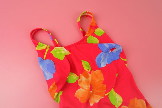 Vintage 90s red flower print swimsuit, S Small, b… - image 1