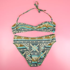 Vintage 70s 80s ethnic aztec pattern bikini set: bandeau halter neck top and bottoms, size L Large