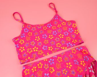 Vintage Y2K pink floral pattern bikini set: tankini top and bottoms, Small S