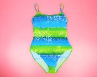 Vintage 90s Y2K swimsuit, blue green tropical tie dye design, UK12 small-medium, bathing suit