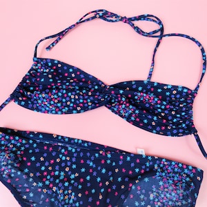 Vintage 70s 80s navy floral pattern bikini set: bandeau halter neck top and bottoms, size S Small