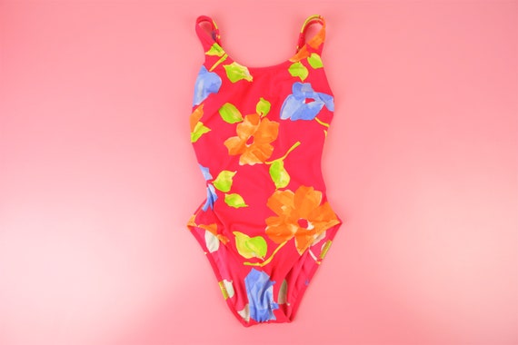 Vintage 90s red flower print swimsuit, S Small, b… - image 2