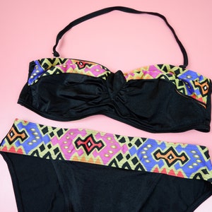 Vintage 80s 90s ethnic aztec design bikini set: halterneck underwire bandeau top and high rise, high waist briefs, size S Small