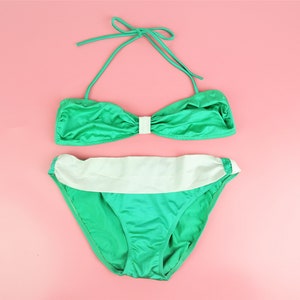 Vintage 70s green bikini set: halterneck bandeau top and low bottoms, size S Small, retro swimwear