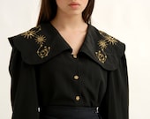 Vintage Black Grunge Goth Folk Fantasy Christmas Victorian Peter Pan Collar Moon Stars Cosmic Space Spiritual Witchy Novelty Blouse S M