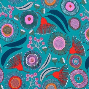 May include: A teal fabric featuring a repeating pattern of stylized eucalyptus flowers in shades of pink, orange, and red, interspersed with dark blue leaves and clusters of small, light pink buds on thin stems, creating a dense botanical design.