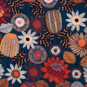 May include: A fabric pattern featuring a dense arrangement of stylized flowers and leaves on a dark navy blue background. The design includes orange, red, white, and pink floral motifs with intricate line work, dots, and striped textures throughout.