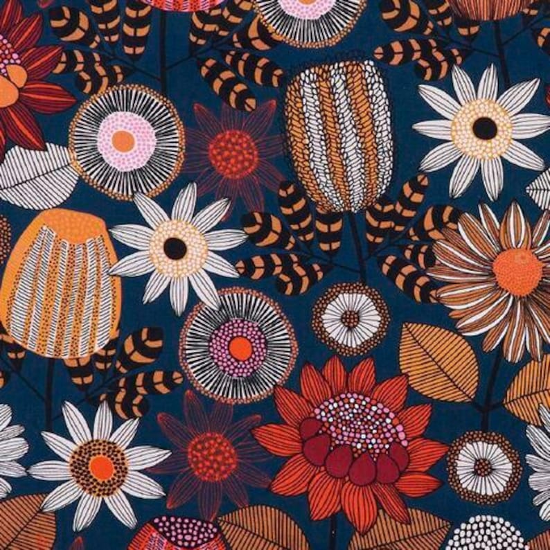May include: A fabric pattern featuring a dense arrangement of stylized flowers and leaves on a dark navy blue background. The design includes orange, red, white, and pink floral motifs with intricate line work, dots, and striped textures throughout.