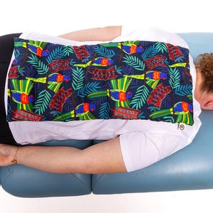 May include: A rectangular fabric heating pad featuring a dark blue background with a repeating pattern of colorful parrots, green tropical leaves, and red floral elements. The pad is segmented into multiple sections and has a small white label.