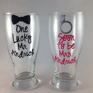 Soon to be Mrs Glass, One Lucky Mr. Glass, Gifts for Couple, Personalized Engagement Gift, Wedding or Bridal Shower Gift for Him and Her