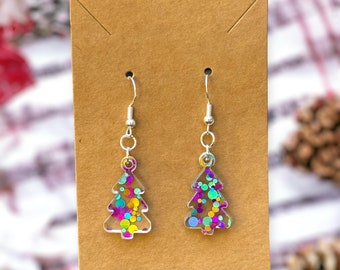 confetti tree earrings, christmas tree dangle earrings, statement earrings, holiday earrings, gifts for mom, stocking stuffer