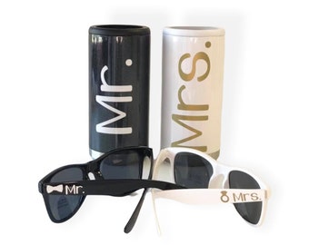 Bride and Groom Sunglasses and Can Cooler Set, Beach Wedding Gift, Engagement Photo Prop, Honeymoon Gift, Mr and Mrs Bridal Shower Gifts