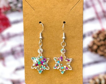 confetti snowflake earrings, christmas dangle earrings, statement holiday earrings, gifts for mom, stocking stuffer for her, secret santa