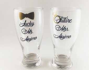 Lucky Mr and Future Mrs Beer Glass Set, Bridal Shower Gift, Engagement Party Gift, Personalized His and Hers Gifts