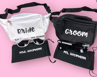 Bride and Groom Sunglasses and Fanny Pack Bundle, Summer Beach Destination Wedding, Engagement Gift, Honeymoon Gift, Mr and Mrs Shower Gifts