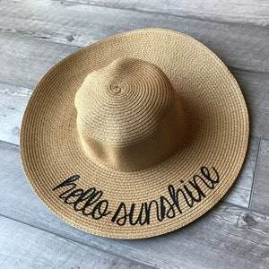 Hello Sunshine Floppy hat, summer outdoors, monogram hat, Summer Party Hat, custom wide brim, honeymoon hat, beach hat, bachelorette gift