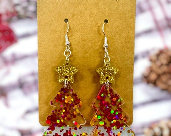 confetti tree earrings, christmas tree dangle earrings, statement earrings, holiday earrings, gifts for mom, stocking stuffer