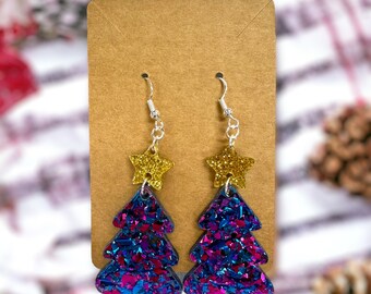 confetti tree earrings, christmas tree dangle earrings, statement earrings, holiday earrings, gifts for mom, stocking stuffer
